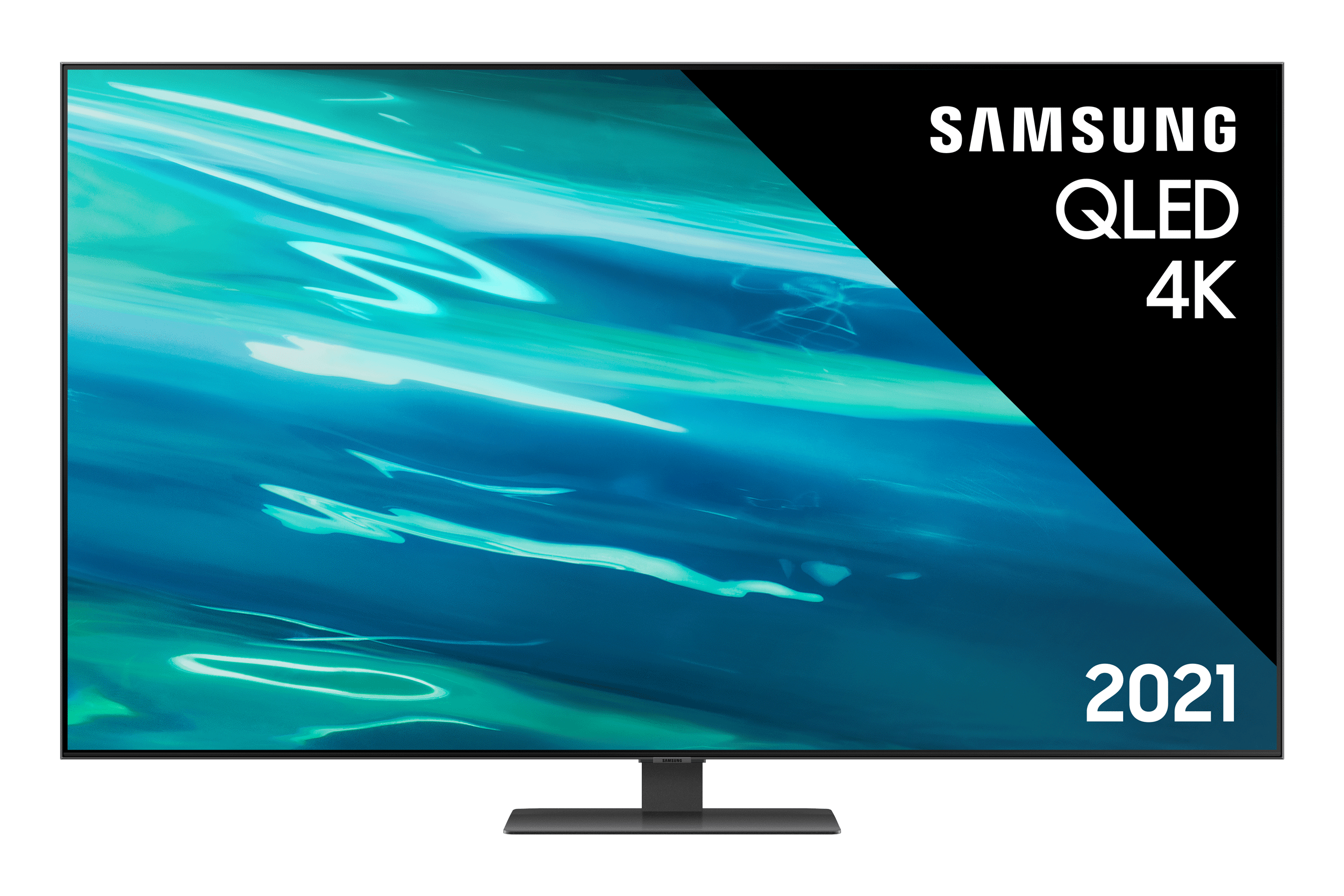 Telewizor Samsung QLED 4K, czarny z niebieskim wyświetlaczem. Na dole napis 2021.