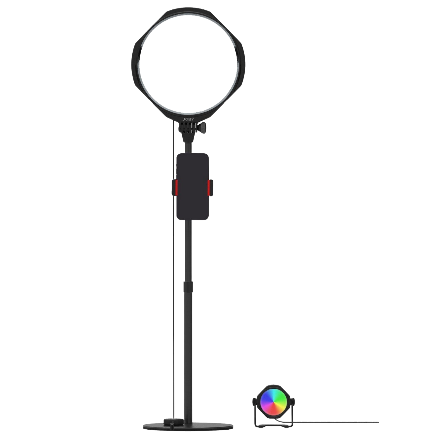 Czarne światło pierścieniowe z uchwytem na telefon i kolorowym światłem poniżej. Czarny statyw jest wysoki.
