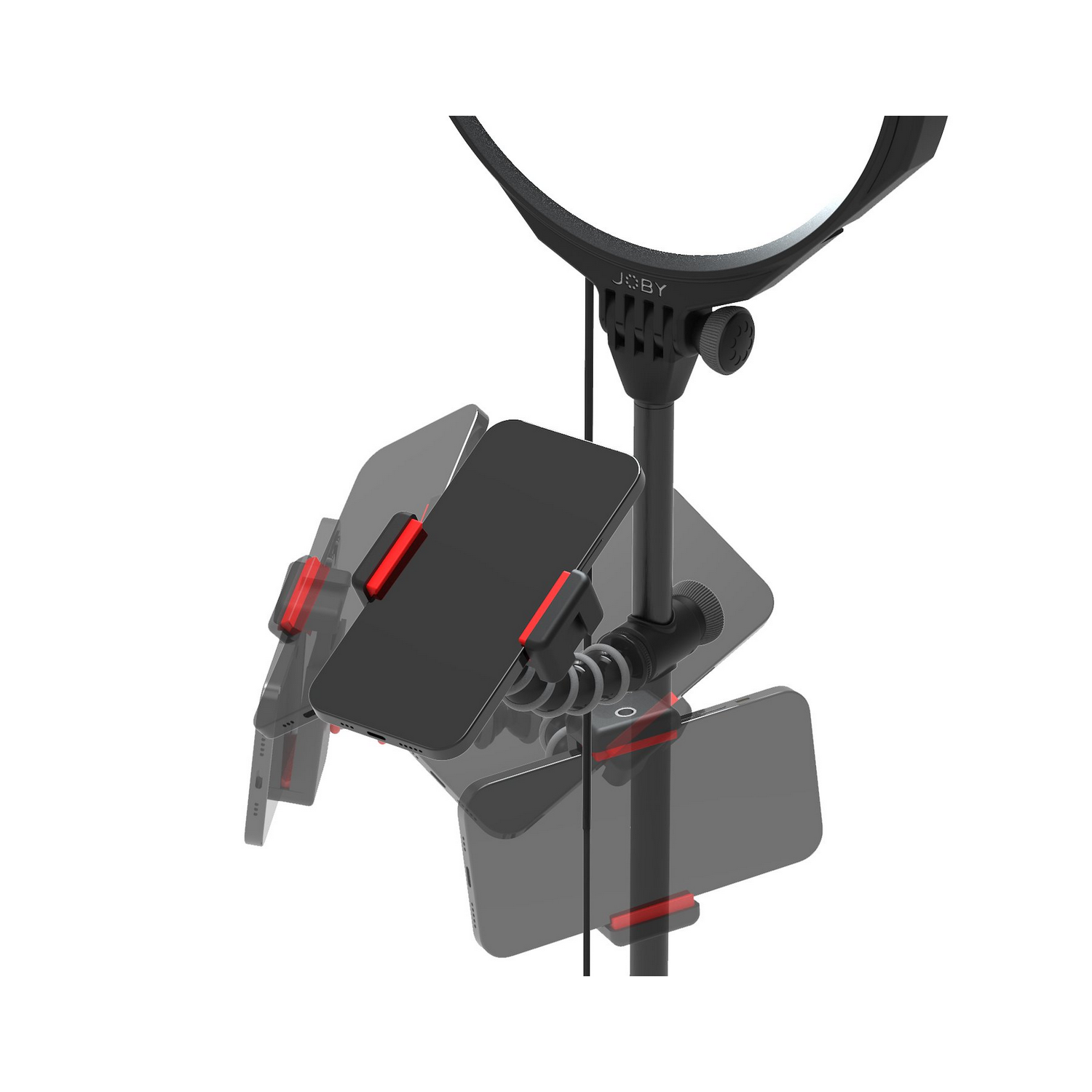 Stojak na telefon z dołączonymi wieloma telefonami i światłem pierścieniowym u góry.