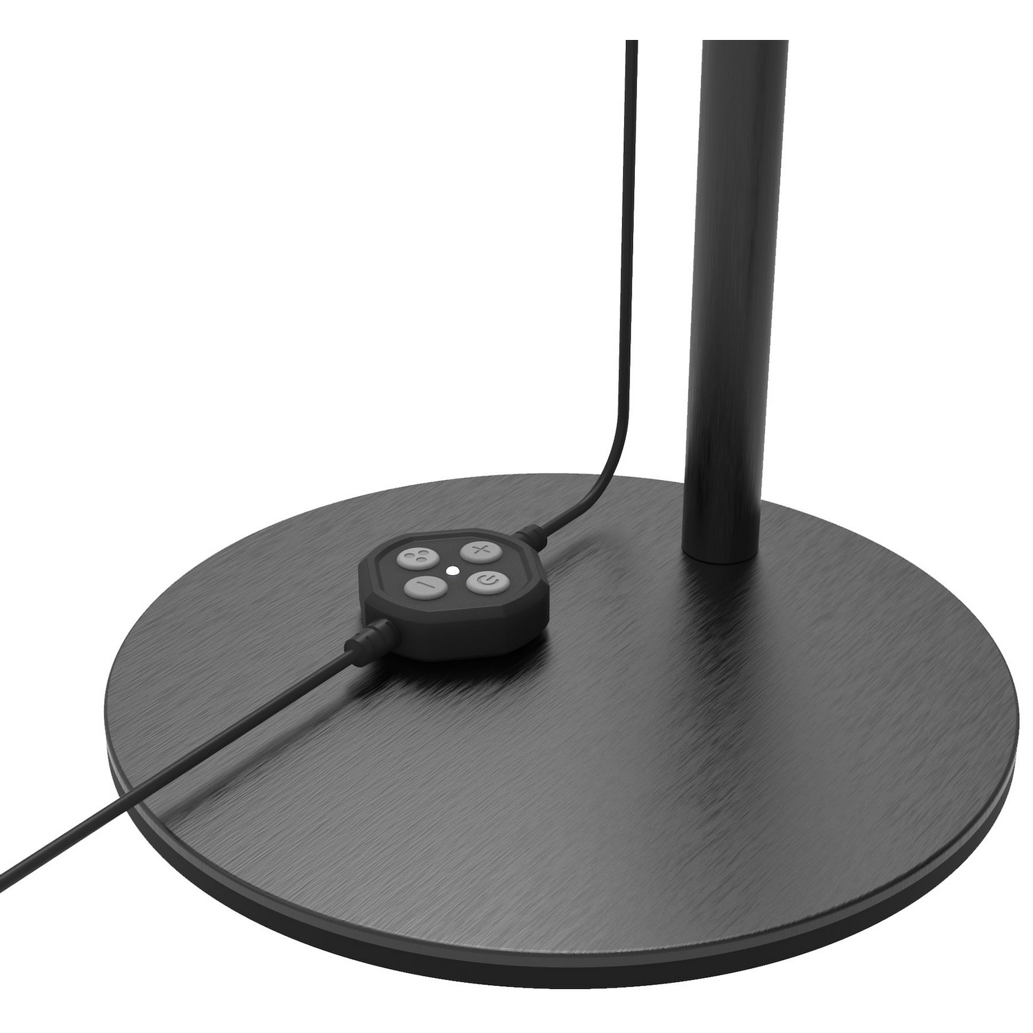 Czarna metalowa podstawa wentylatora, z panelem sterowania i przewodem, ciemne tło.