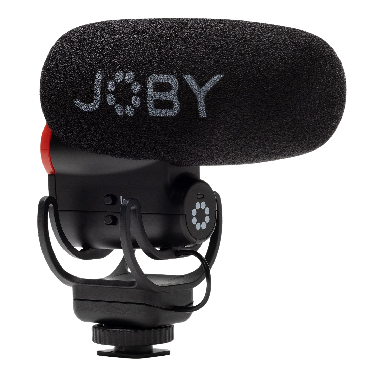 A black microphone with the word "JOBY" on it, has a black windscreen.