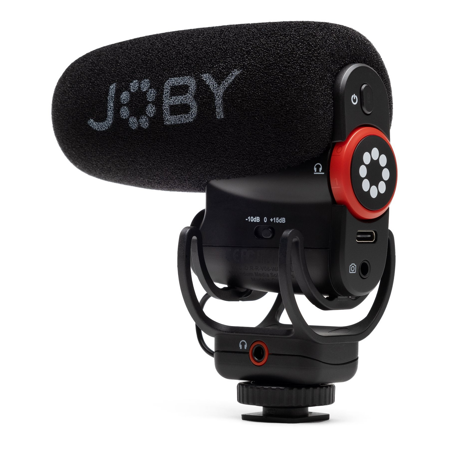 Black Joby microphone with a foam cover. Red and black details. White background.