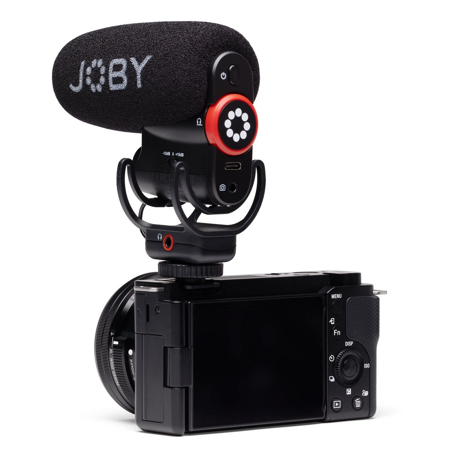 Black camera with microphone attached. The microphone has a red accent.