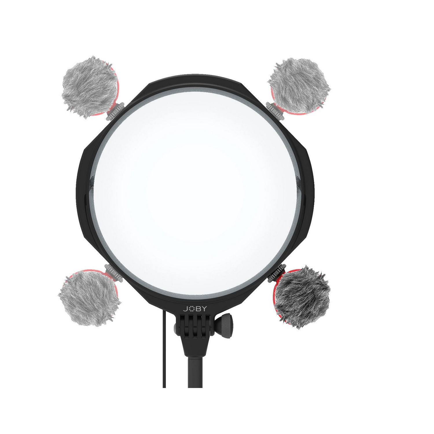 Runde JOBY LED-Leuchte mit vier Mikrofonen. Das Licht ist weiß.