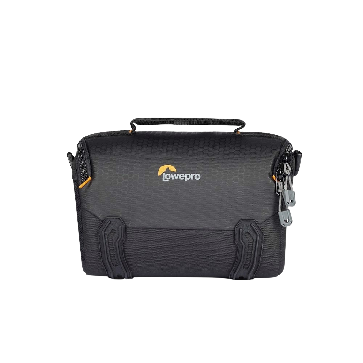 Black camera bag with the Lowepro logo. The bag is closed, with handles.