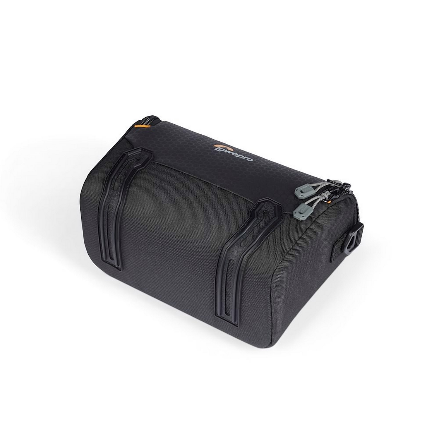 Black camera bag. Lowepro brand. Has zippers and handles, on white background.