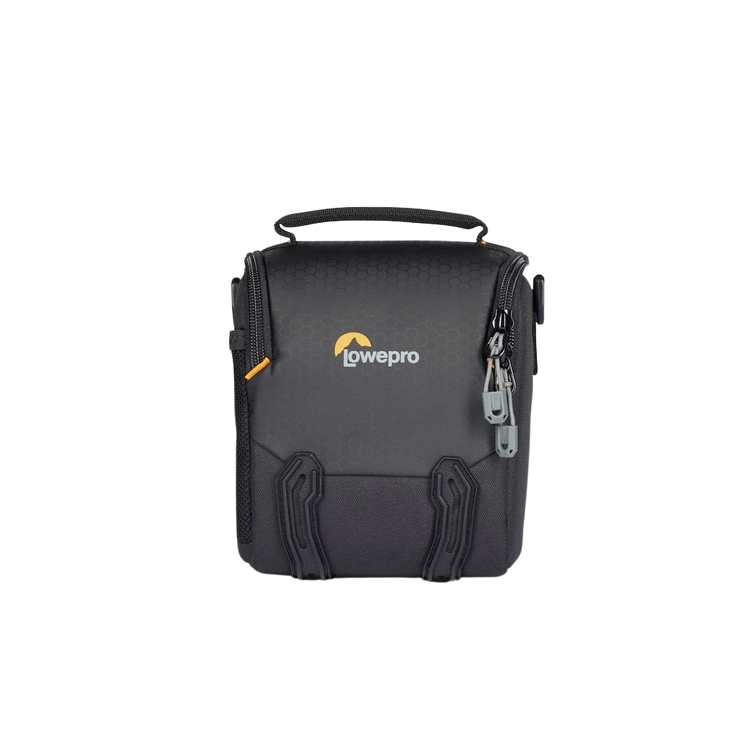 Black Lowepro camera bag with a handle and a logo. It has an orange zipper and accents.