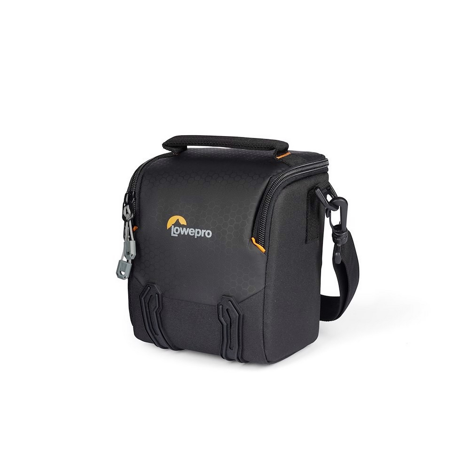 Black camera bag with a Lowepro logo and orange details. The bag has a shoulder strap.