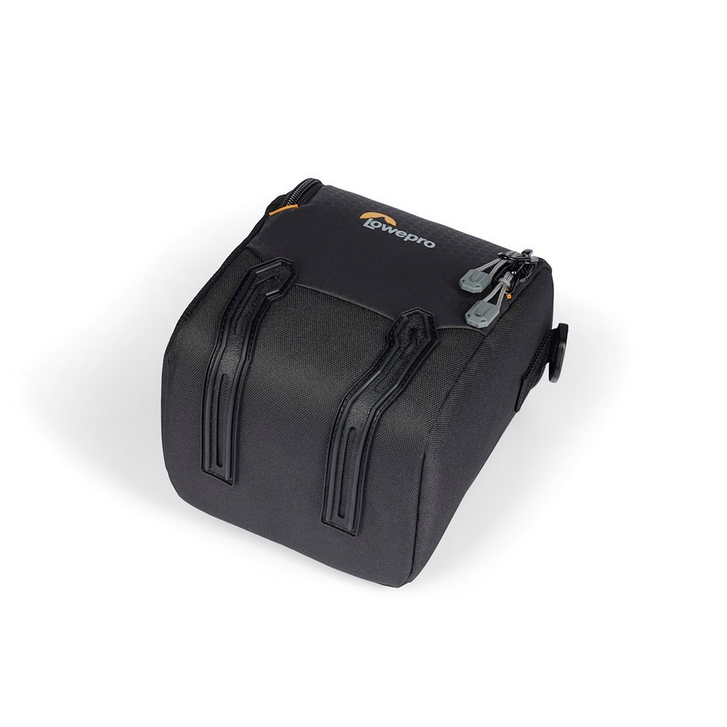 A black camera bag with orange accents, labeled 'lowepro', set against a white backdrop.