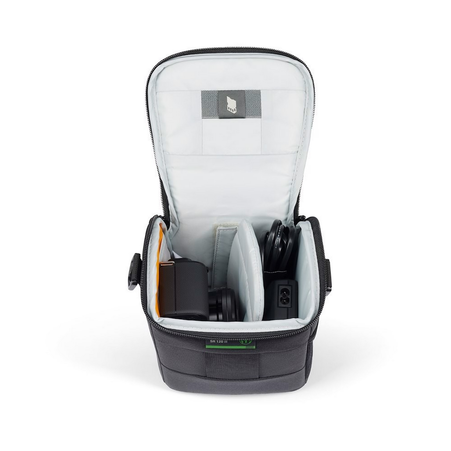 A black camera bag open, revealing compartments with a camera, charger, and other items.
