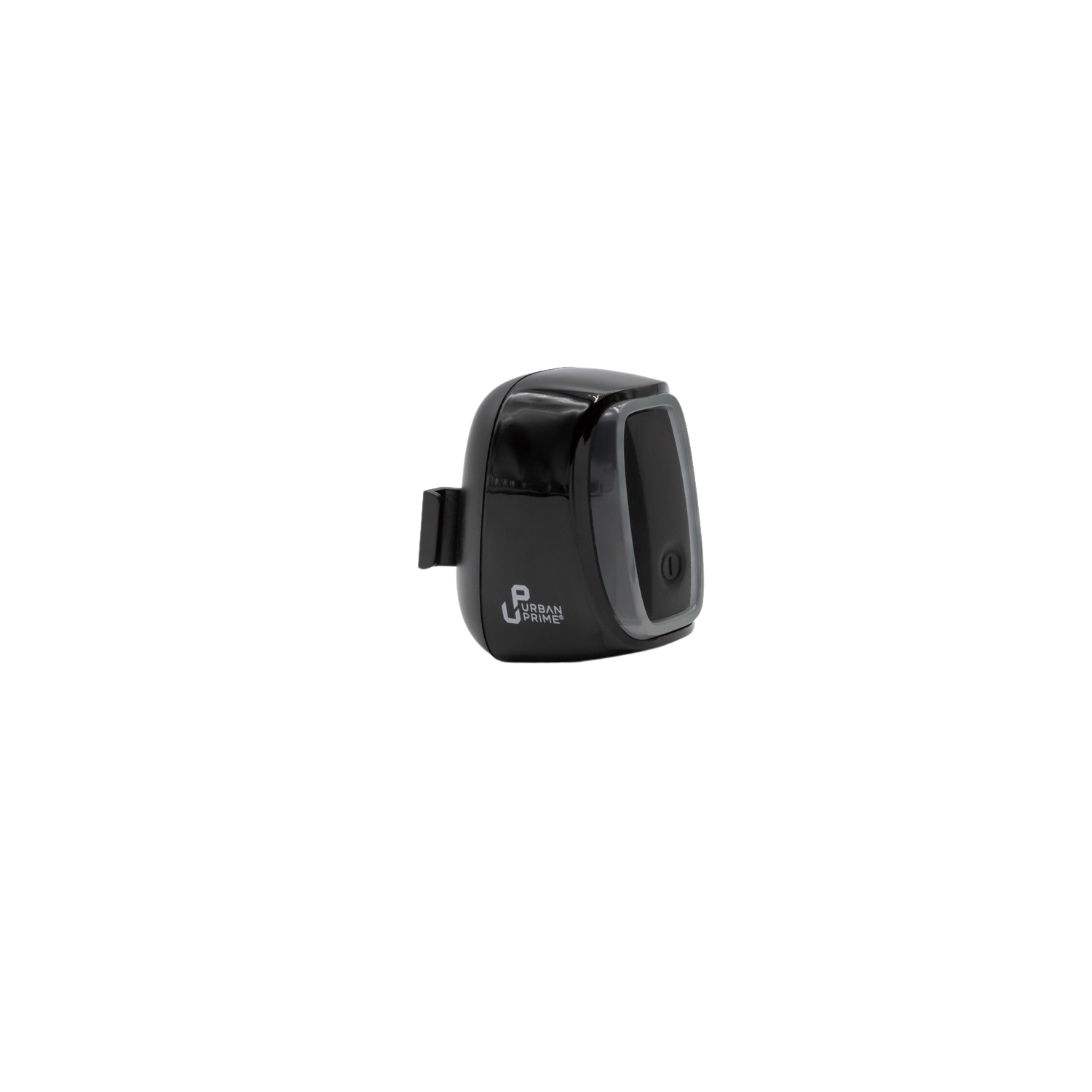 Piccola borsa nera per fotocamera con logo argentato su sfondo nero. La borsa è leggermente angolata.