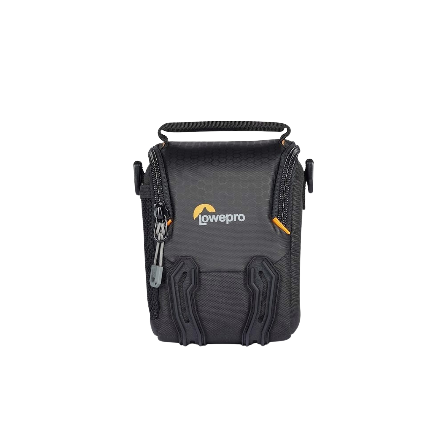 Black camera bag with Lowepro logo, closed, on a black background.