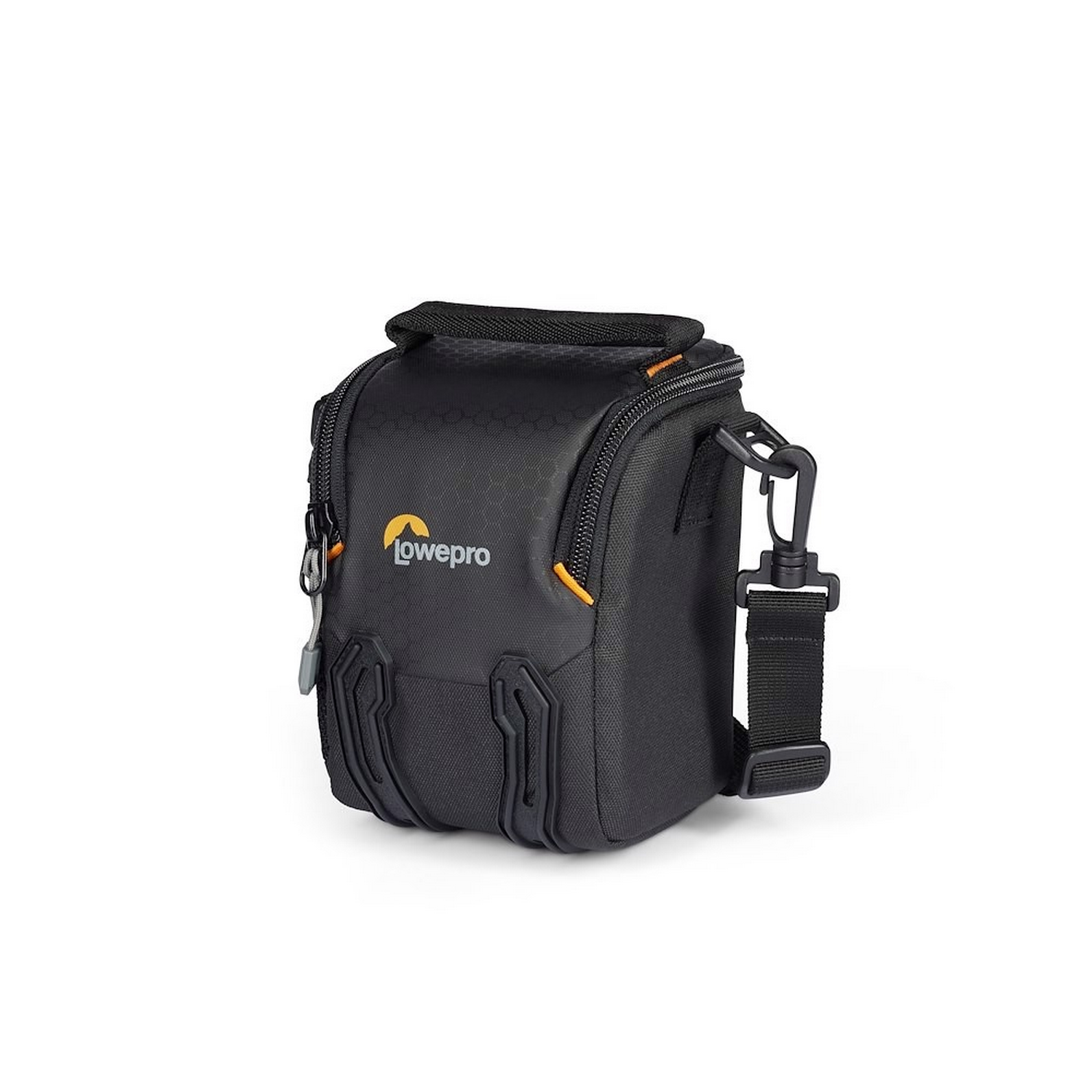 A black camera bag with an orange accent on a white background.