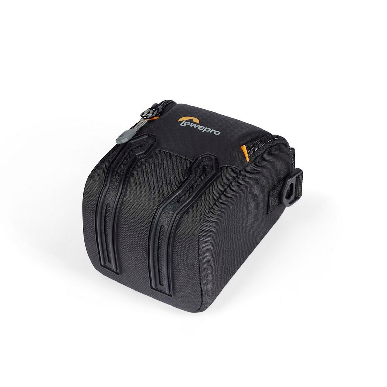Black Lowepro camera bag, angled view. It has an orange accent, zipper, and handle.