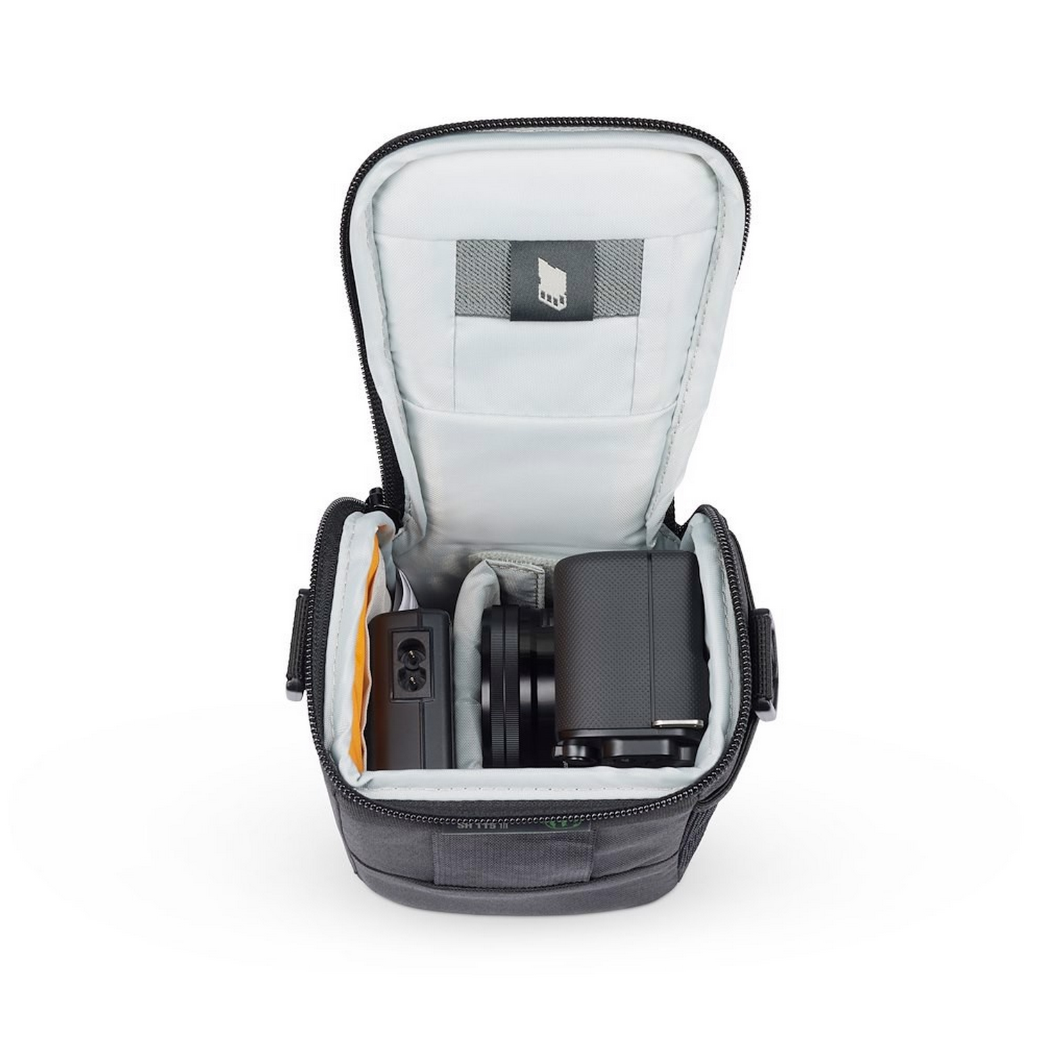 Black camera and accessories inside a grey camera bag. White background.