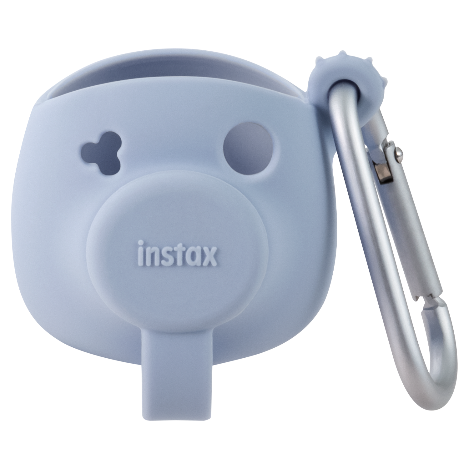Jasnoniebieskie etui na aparat Instax z karabińczykiem. Czarne tło.