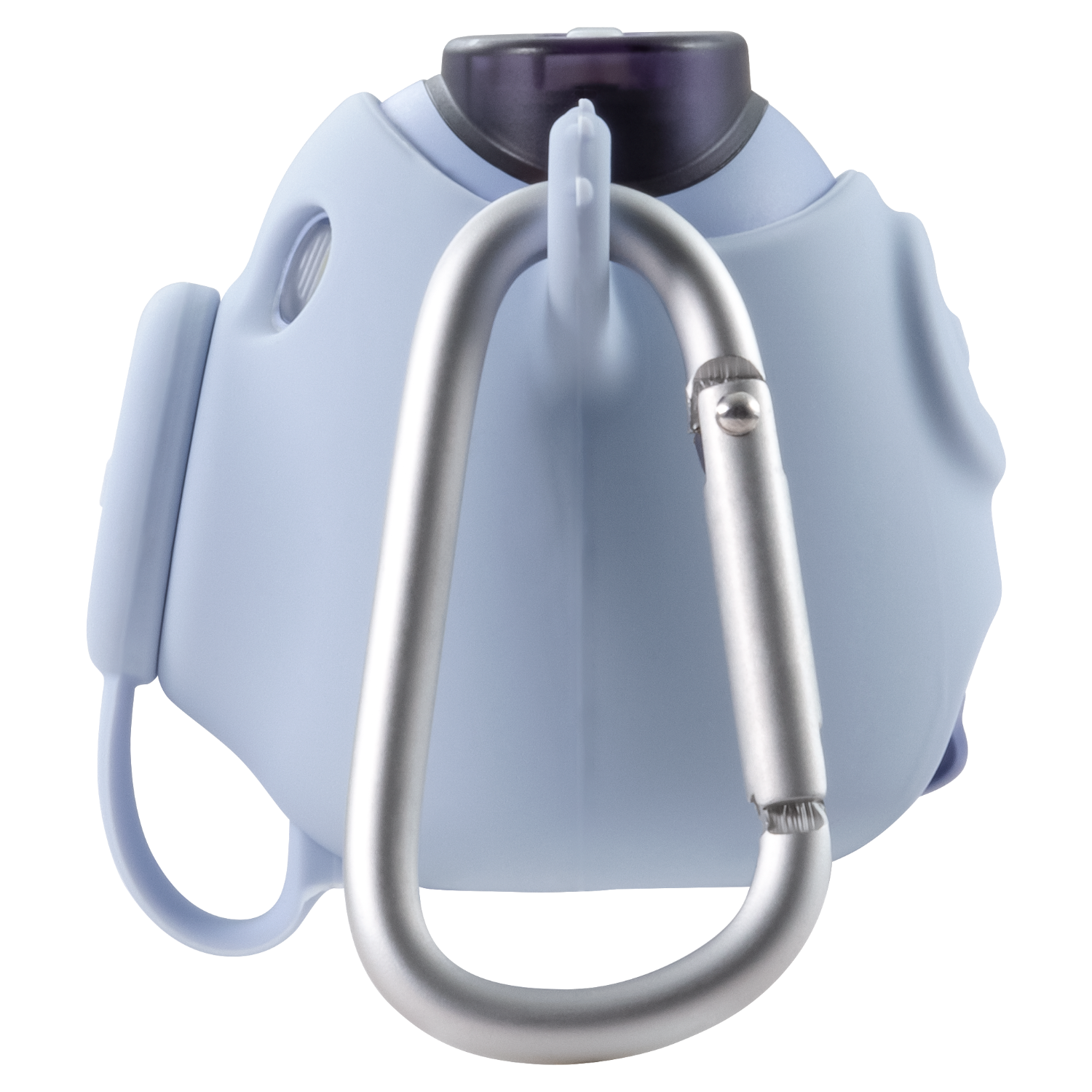 Niebieska maska na twarz ze srebrnym karabińczykiem, na czarnym tle.