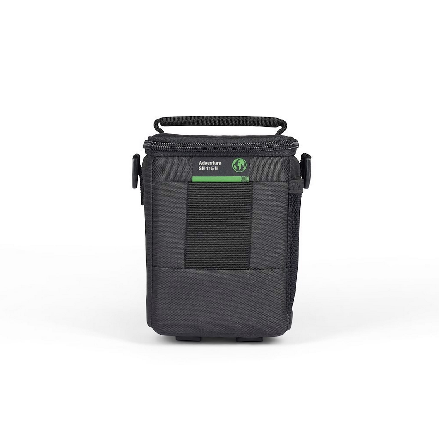 A black camera bag with a green logo and a handle, set against white.