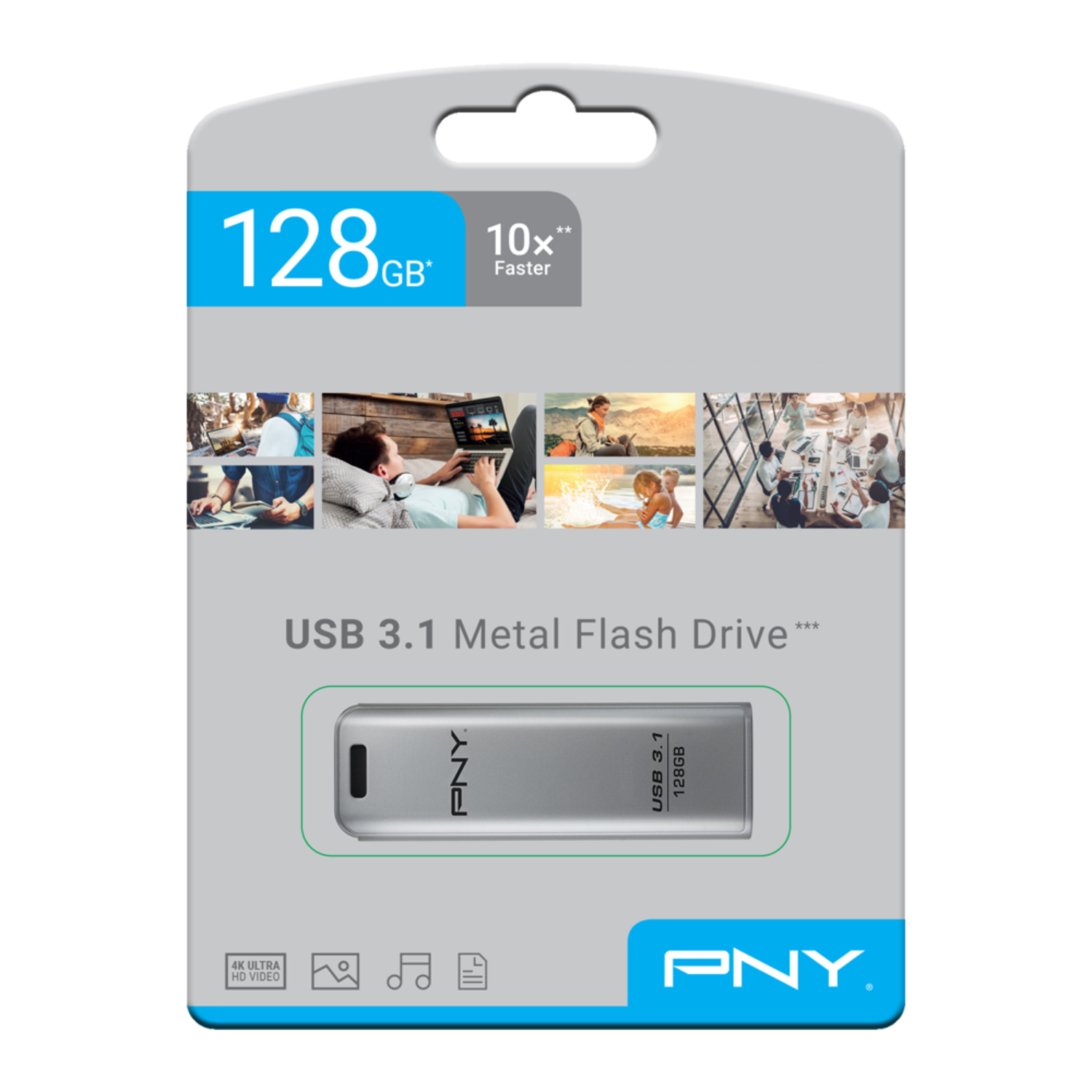 Srebrny pendrive USB 3.1 w szaro-niebieskim opakowaniu, z ikonami i tekstem.