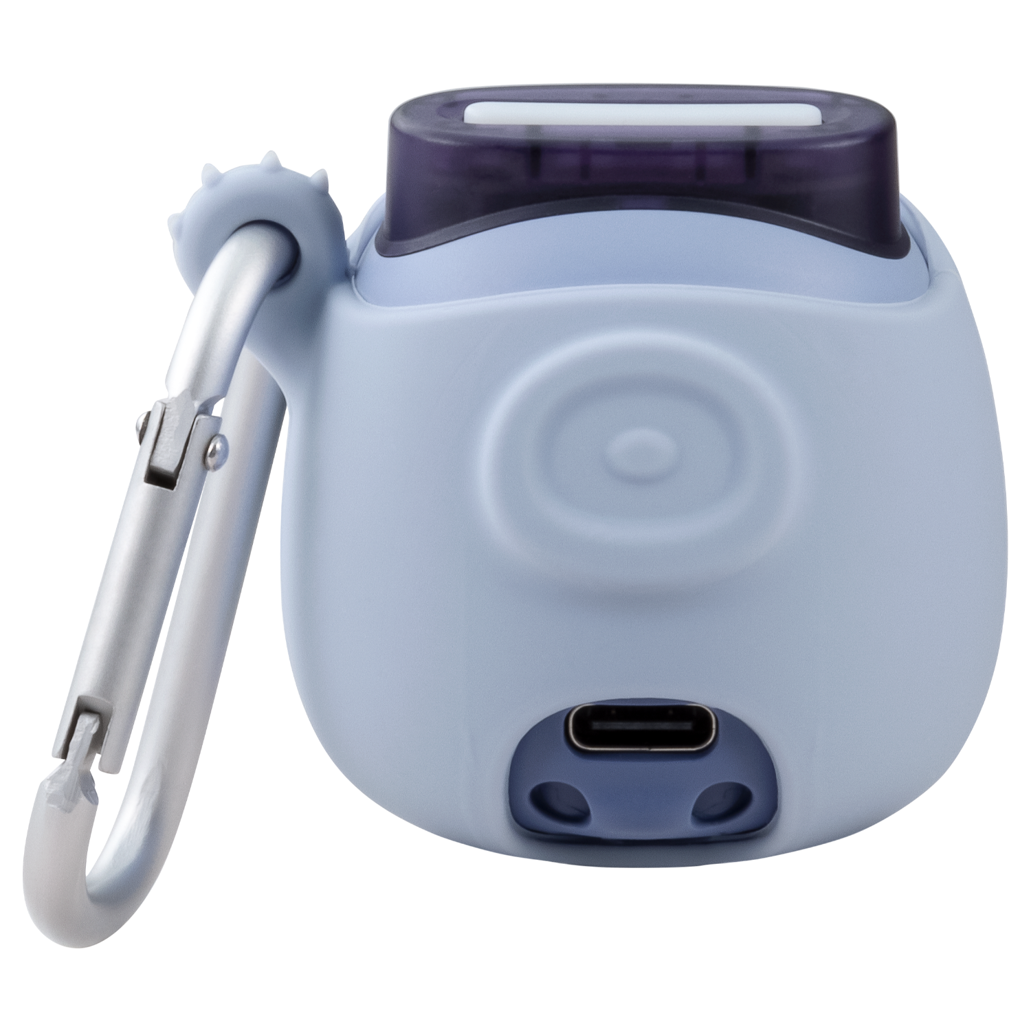 Jasnoniebieskie urządzenie o owalnym kształcie ze srebrnym karabińczykiem i portem USB-C. Ma ciemną górną część.