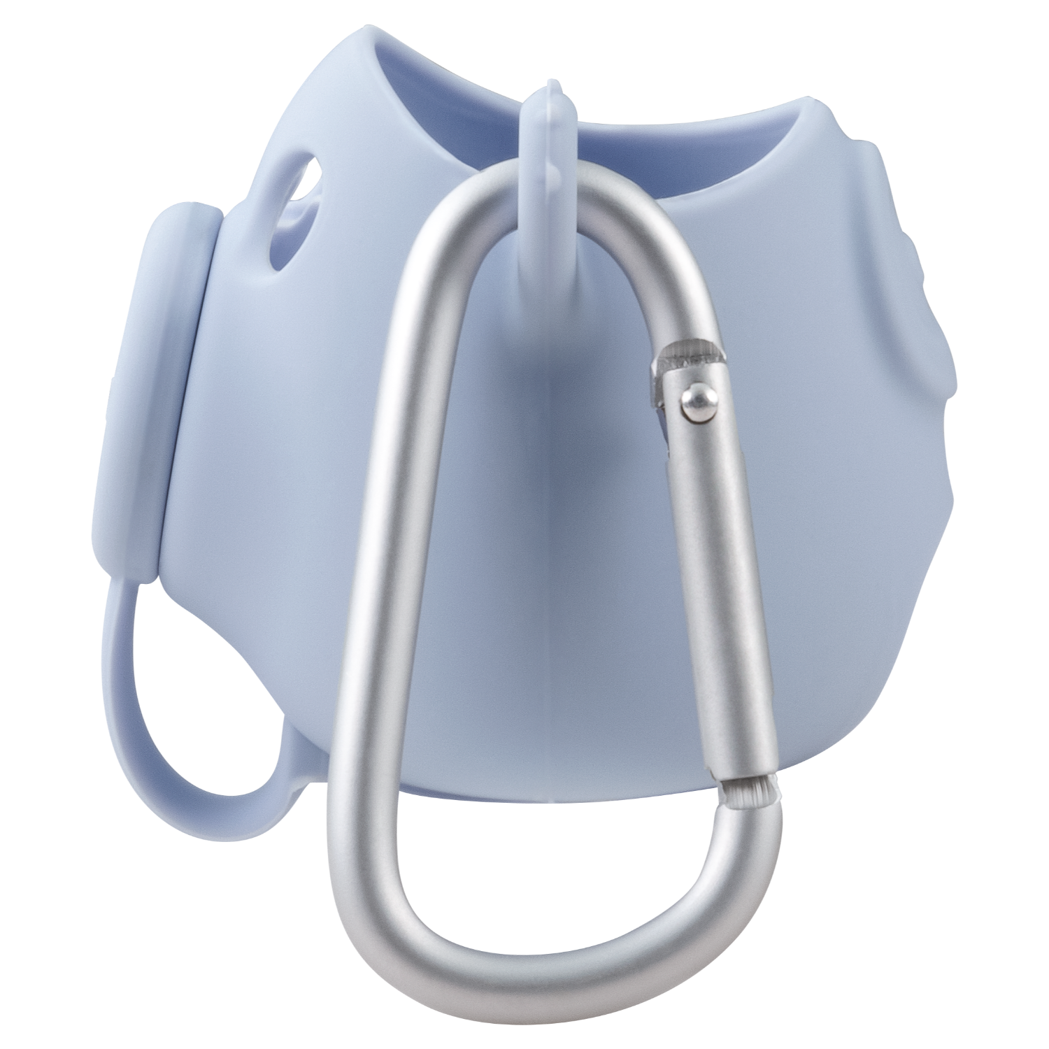 Jasnoniebieska maska wielokrotnego użytku ze srebrnym karabińczykiem. Maska wisi.