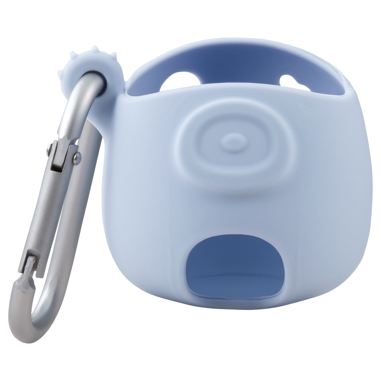 Jasnoniebieski uchwyt na kubek w stylu karabińczyka ze srebrnym klipsem.