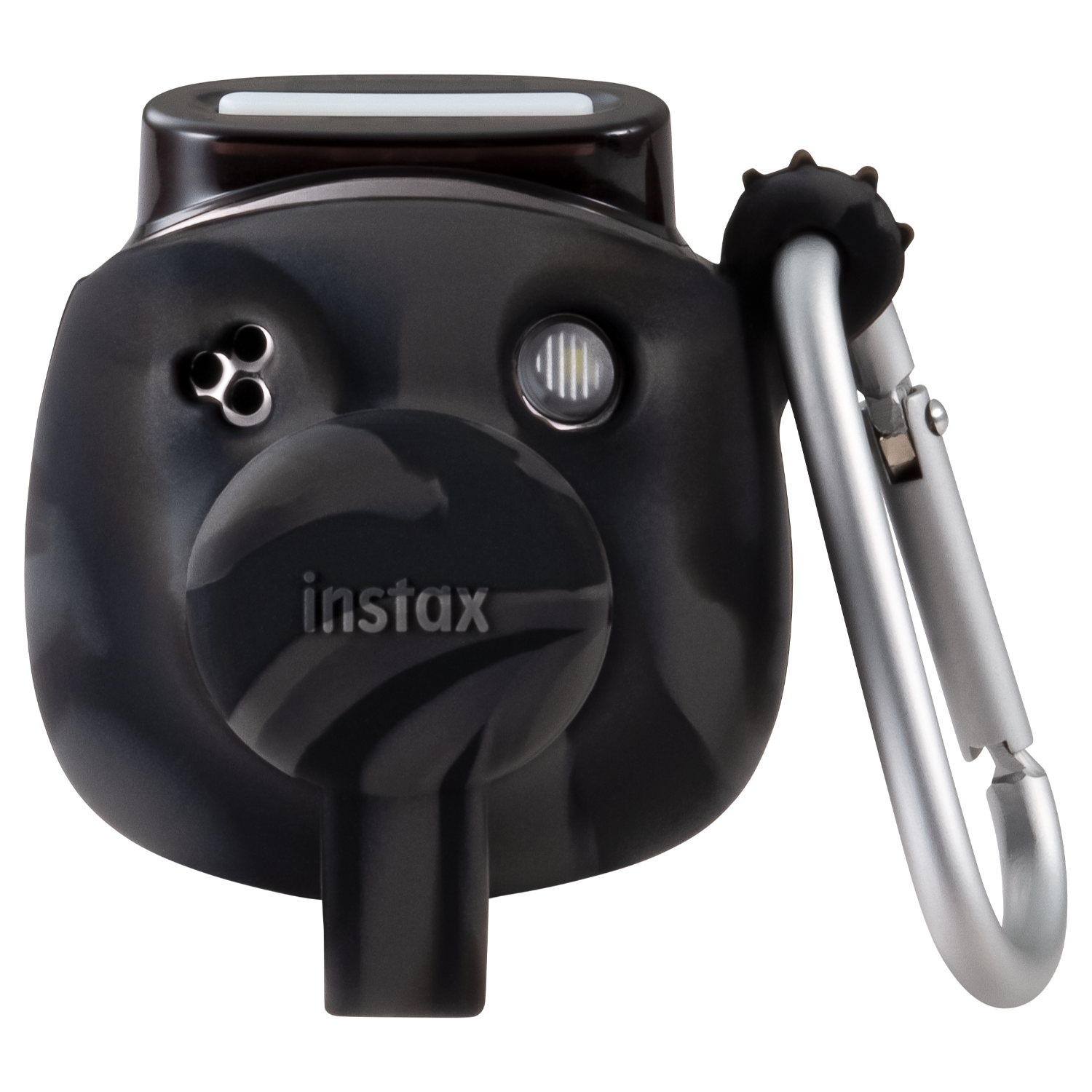 Eine schwarze Instax-Kamera mit einem silbernen Karabinerhaken. Die Kamera hat ein schwarz-graues Muster.