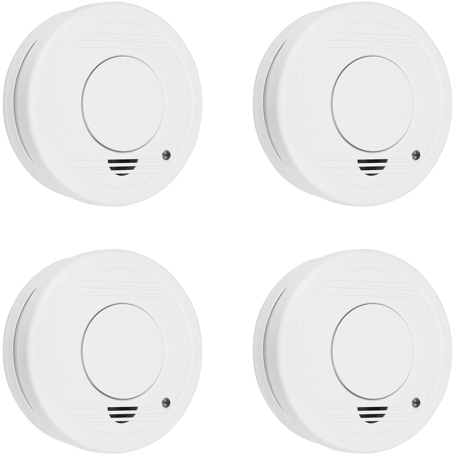 Cztery białe czujniki dymu ułożone w kwadrat na białym tle.