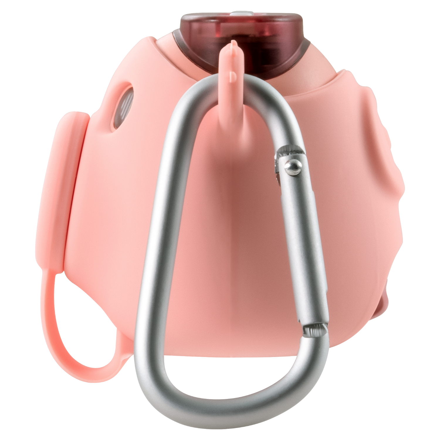 Różowy przedmiot w kształcie maski ze srebrnym karabińczykiem. Tło jest czarne.