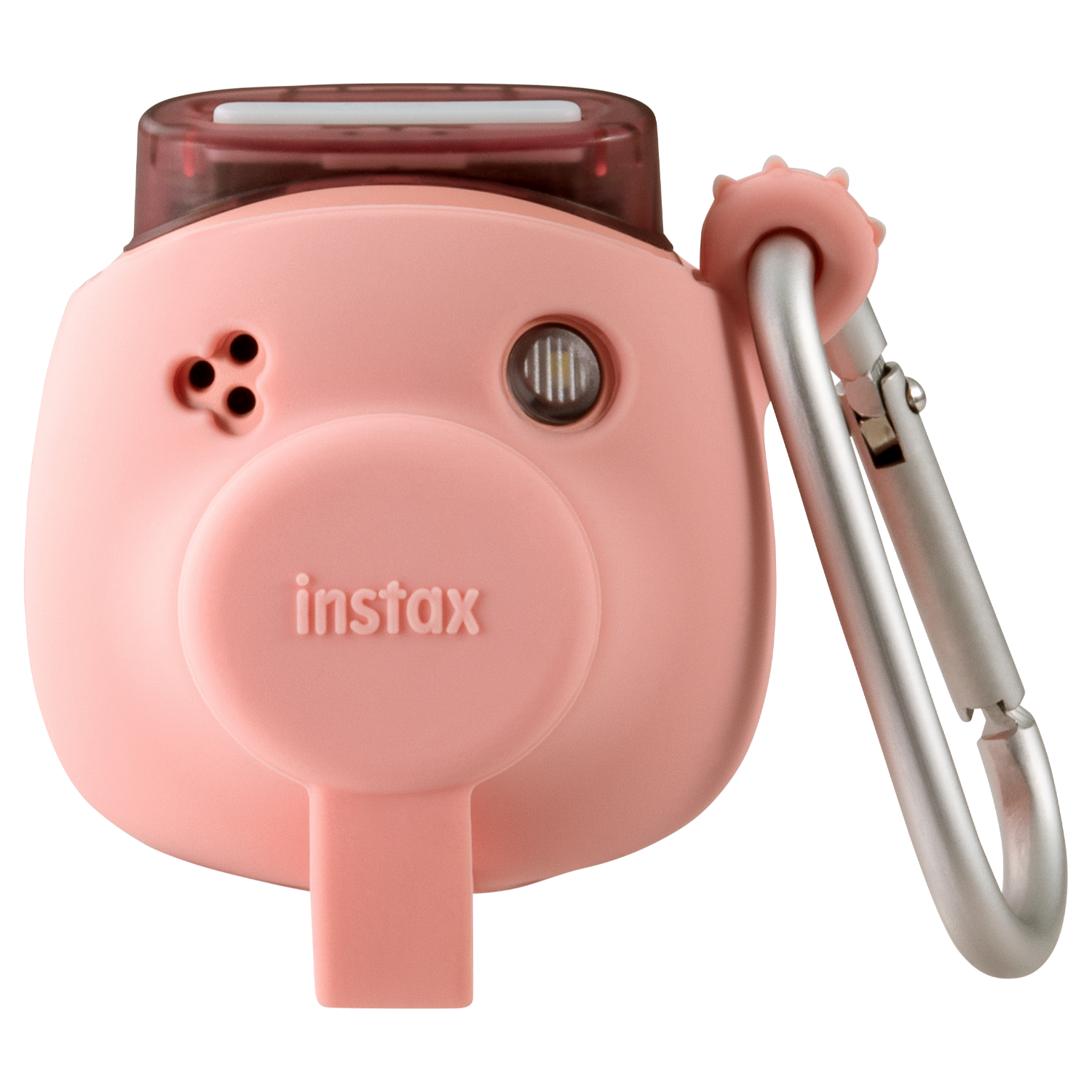 Różowy aparat Instax ze srebrnym karabińczykiem. Ma obiektyw i lampę błyskową.