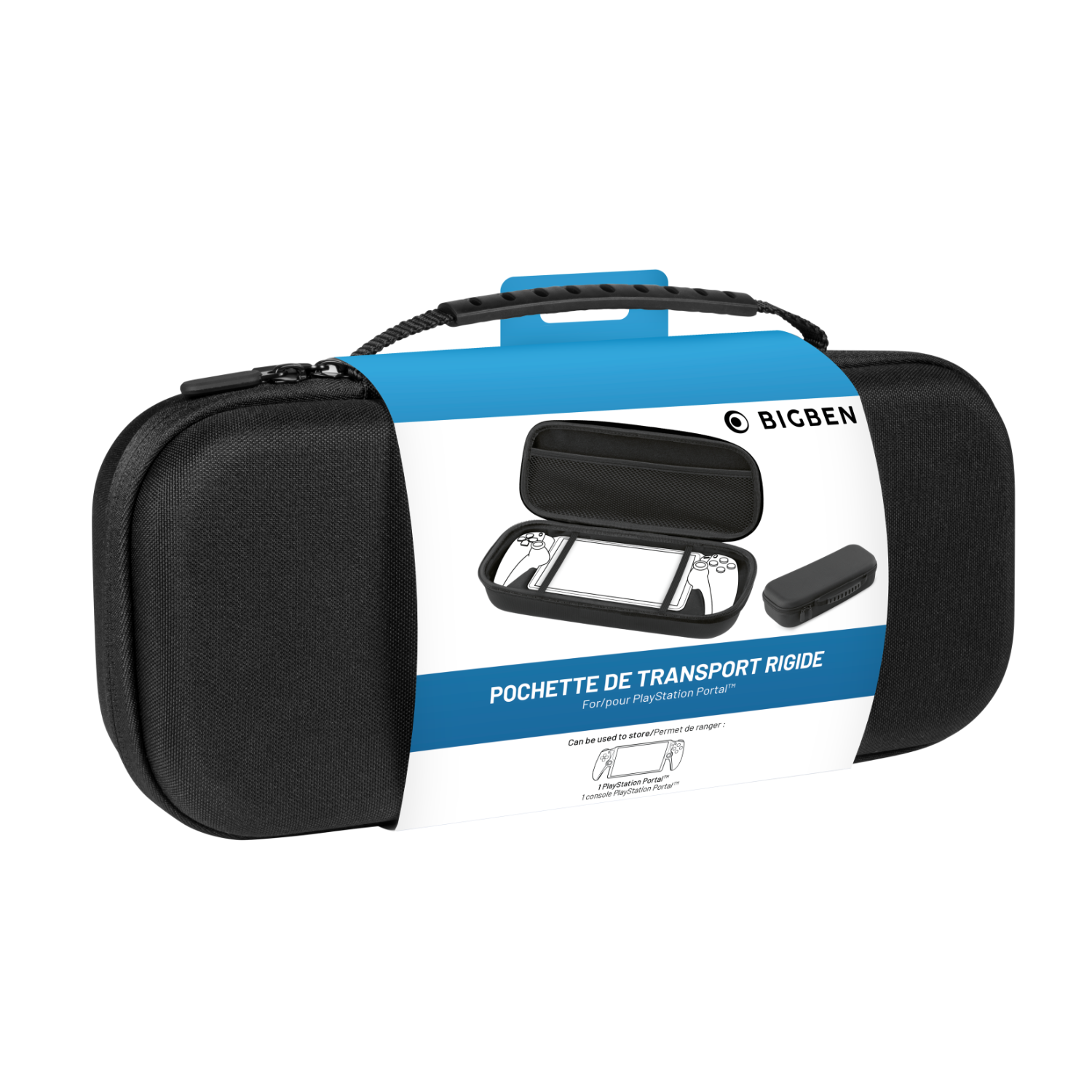 Czarne etui z niebieskim paskiem i białym tekstem: 'POCHETTE DE TRANSPORT RIGIDE' dla Playstation Portal.