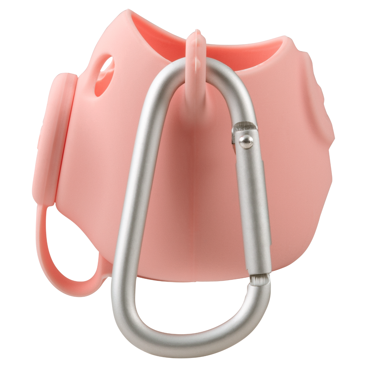 Różowa silikonowa maska na twarz ze srebrnym karabińczykiem, na czarnym tle.