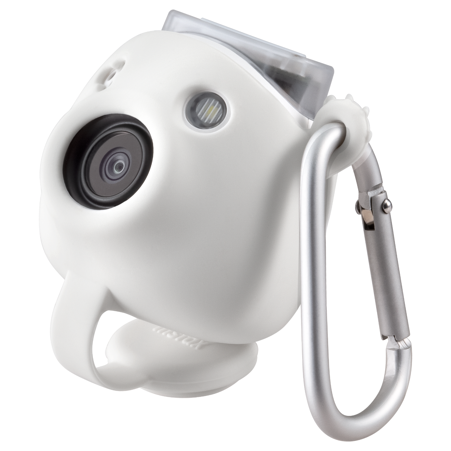 Étui d'appareil photo Instax blanc avec mousqueton argenté.