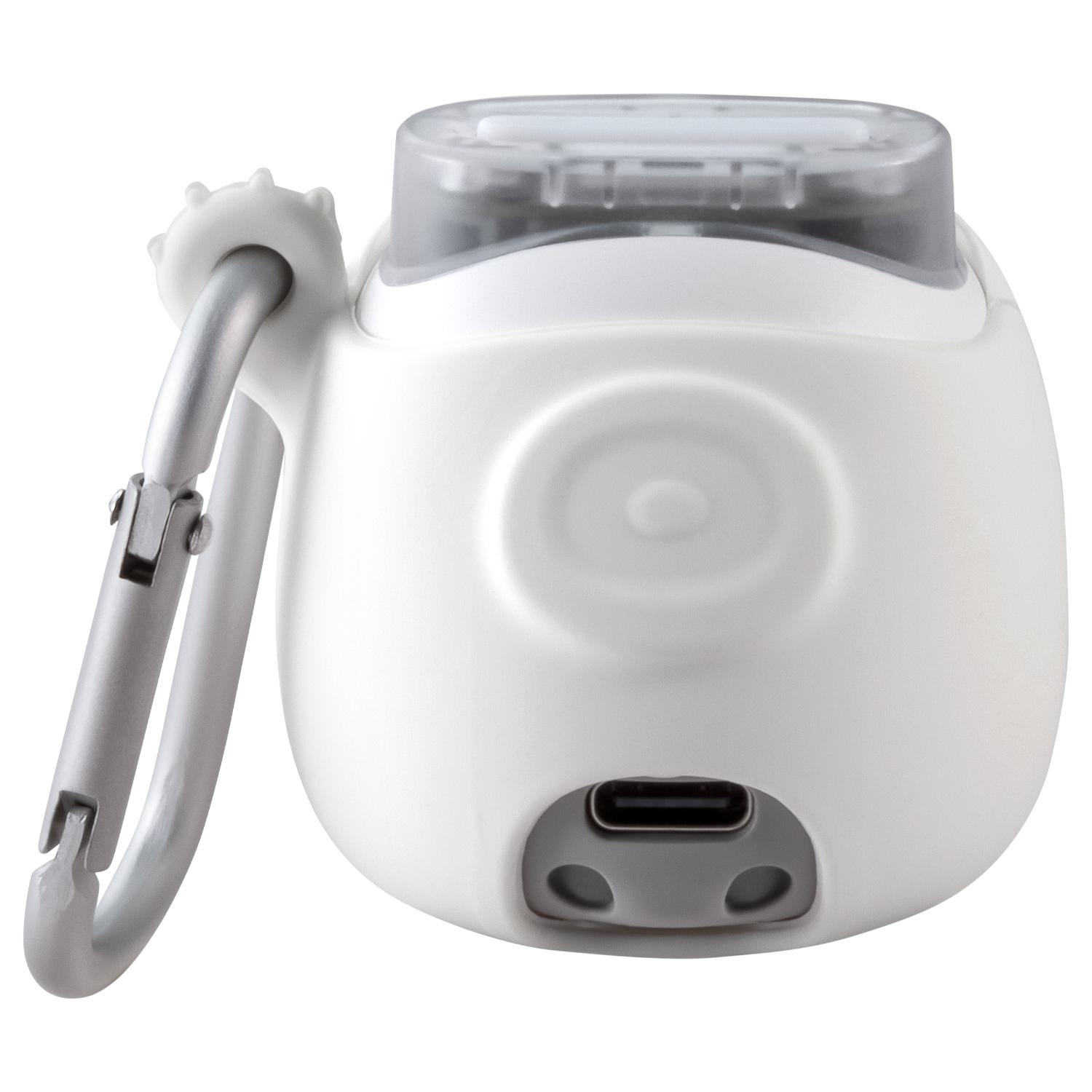 Appareil blanc et arrondi avec mousqueton gris. Un port USB est visible.