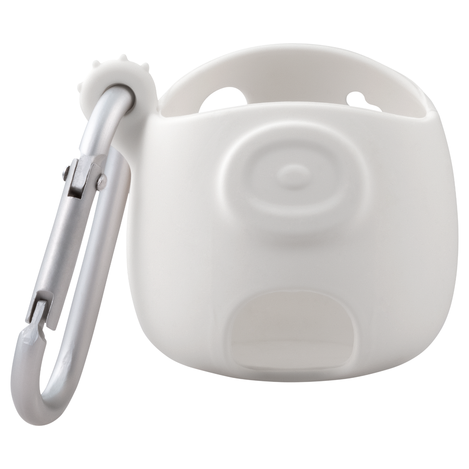 Gobelet en plastique blanc avec un mousqueton attaché, sur fond noir.