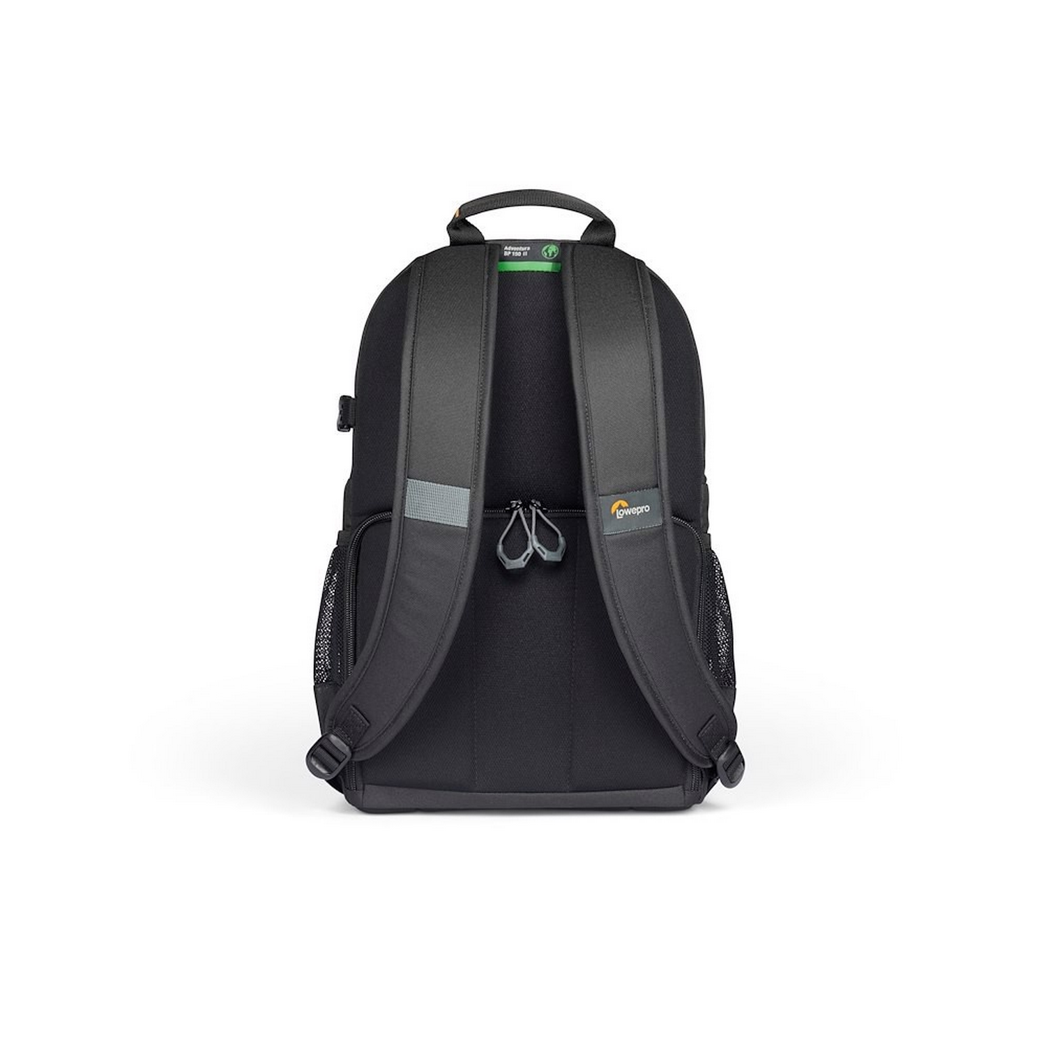 Schwarzer Rucksack von Lowepro, Rückansicht. Gurte, Netztaschen und Logo sichtbar.