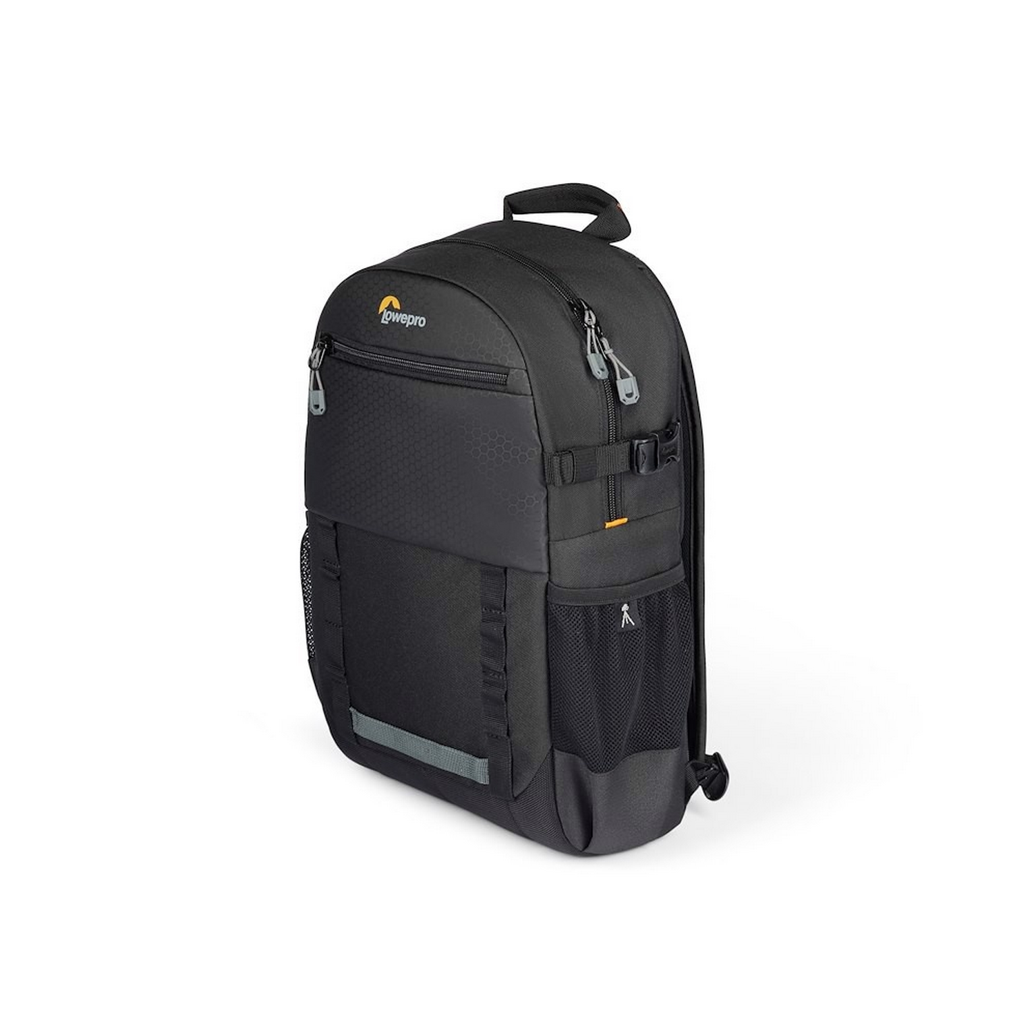 Ein schwarzer Rucksack auf weißem Hintergrund.