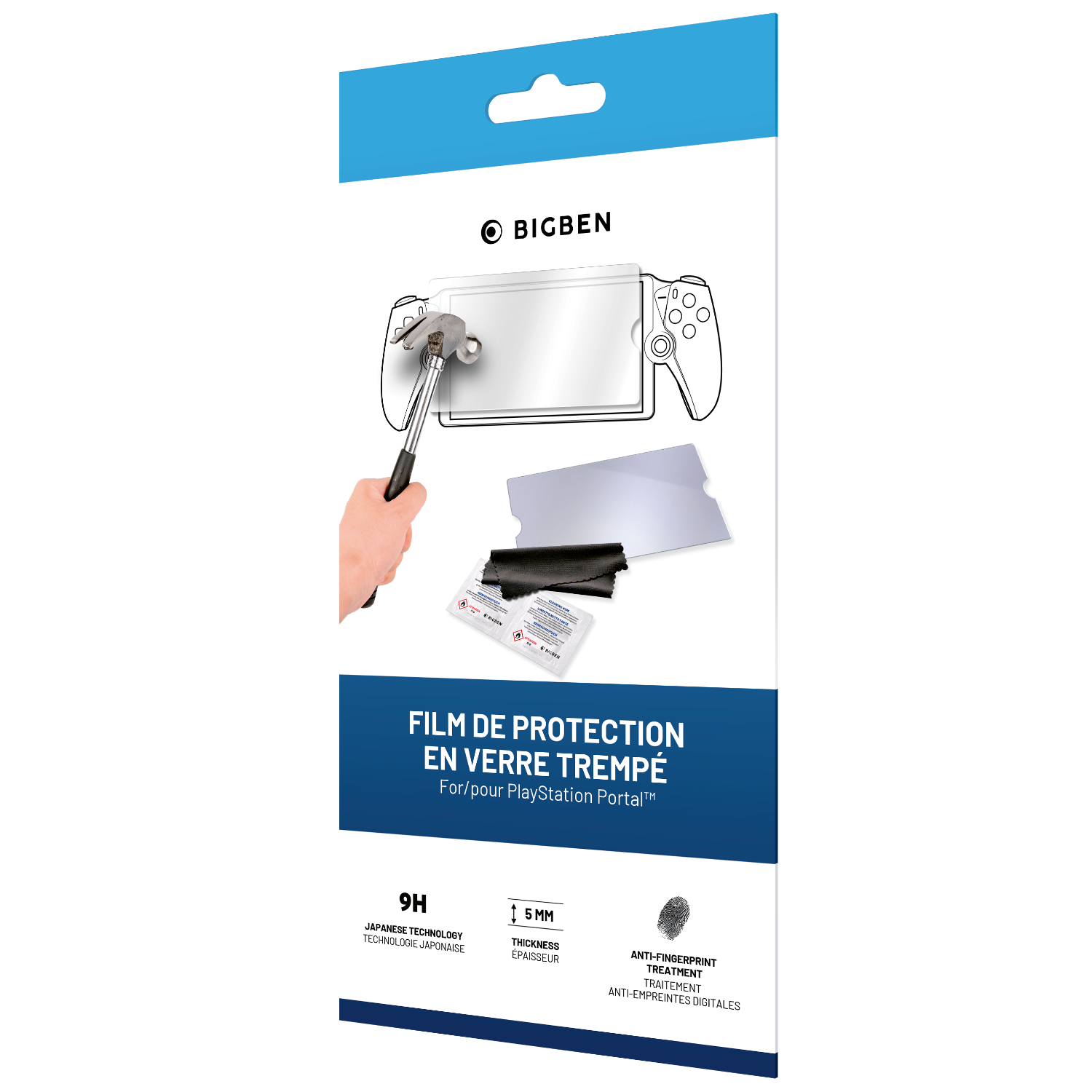 Productverpakking voor een schermbeschermer, met een hand die een hamer boven een scherm houdt.