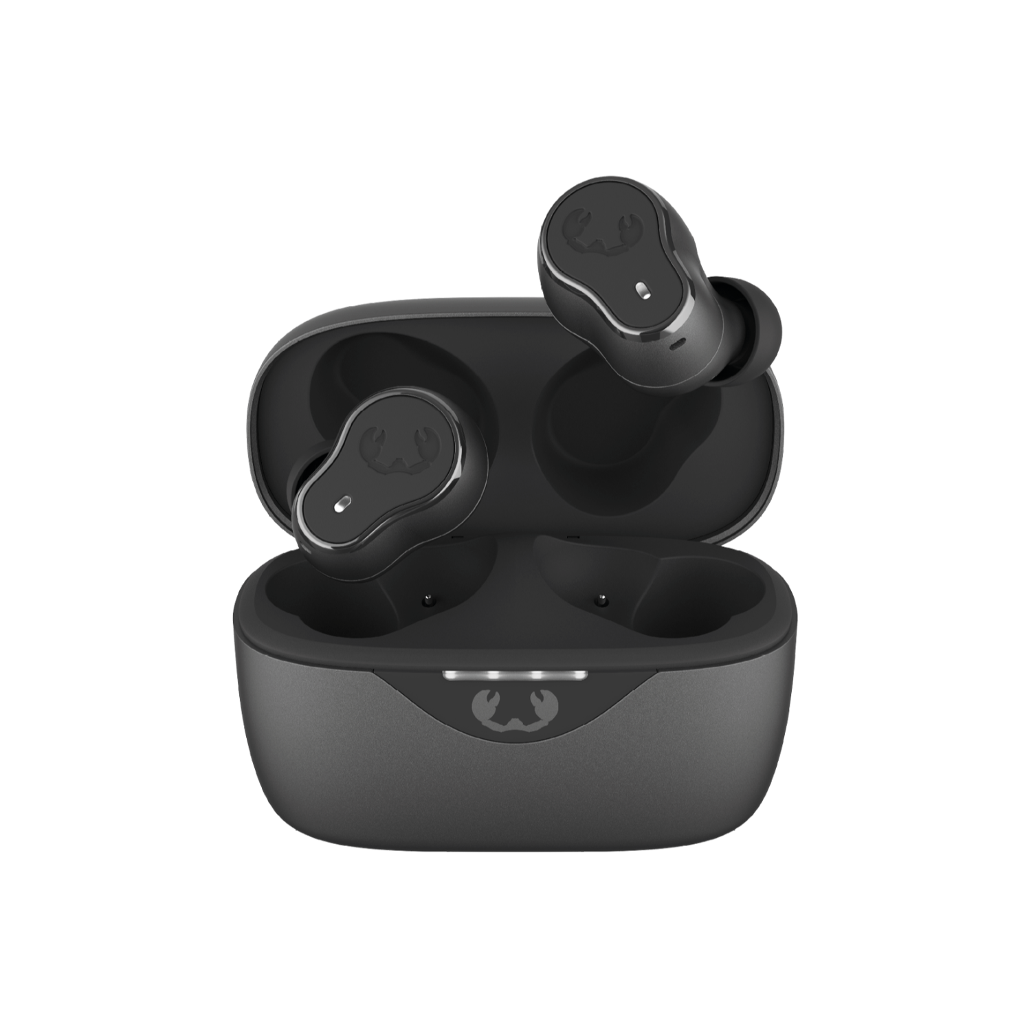 Black earbuds and charging case. Crab logo. Black background.
