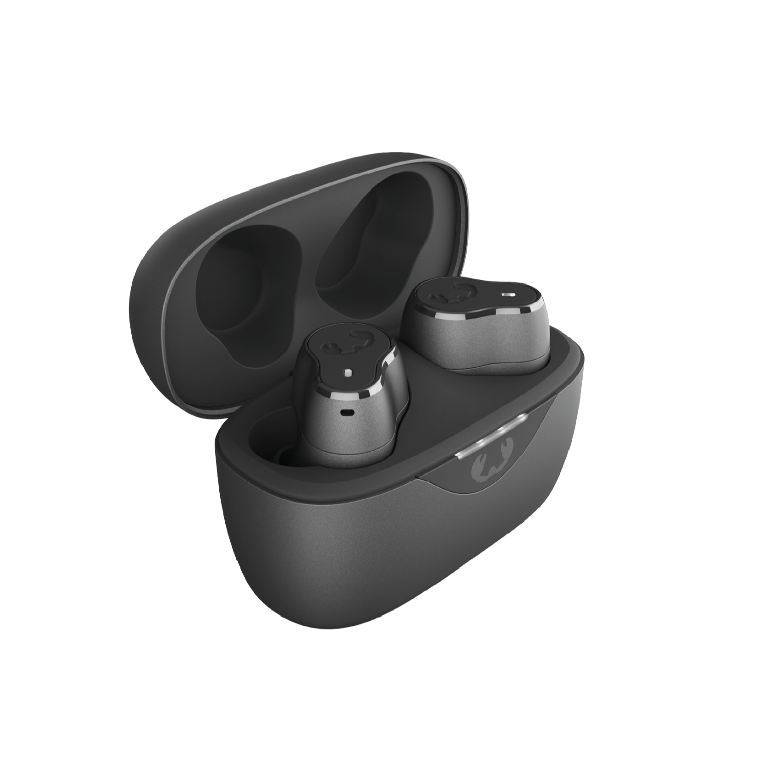 Grey earbuds in a charging case, open, on a black background.