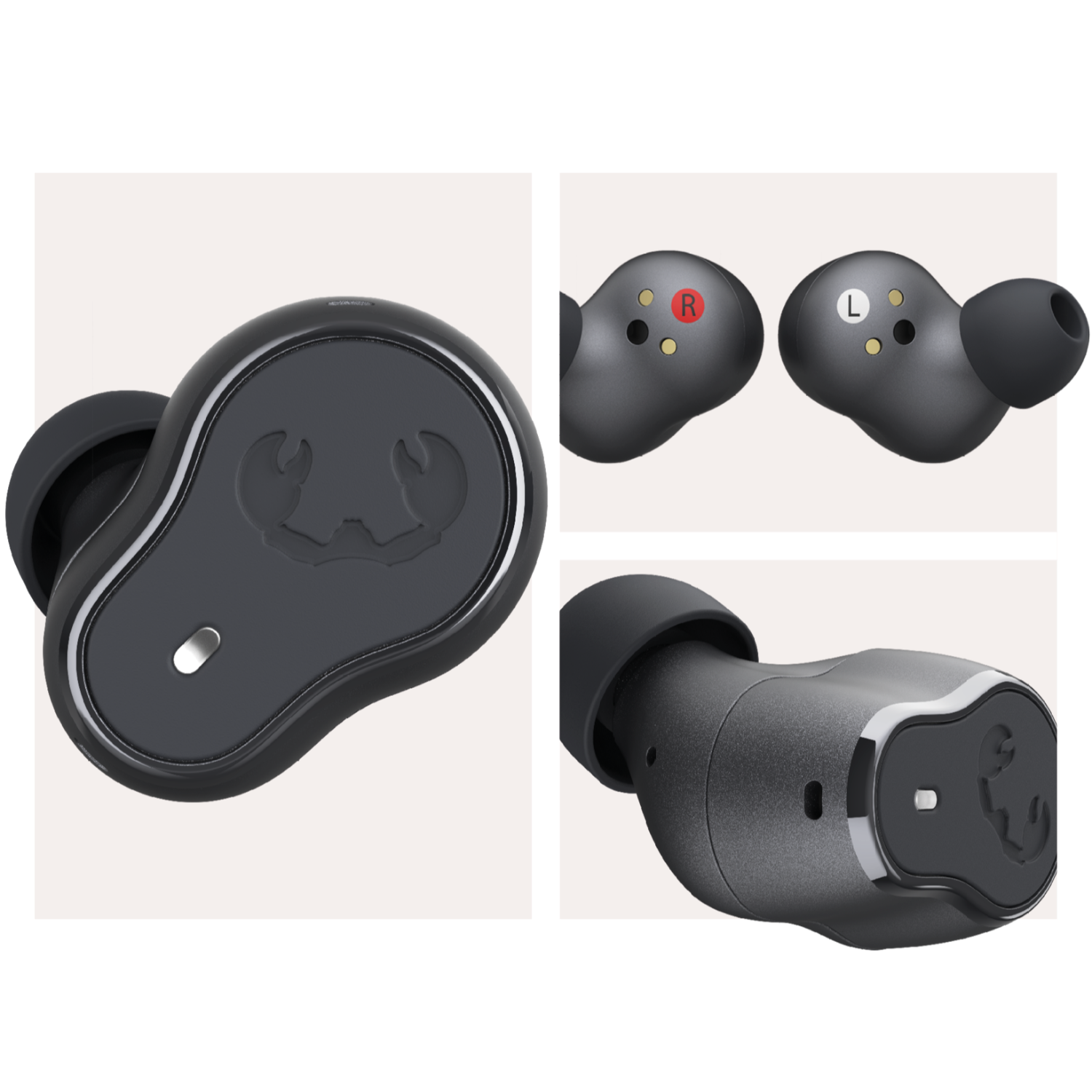 Close-up shots of blue wireless earbuds, with a crab logo, on a white background.