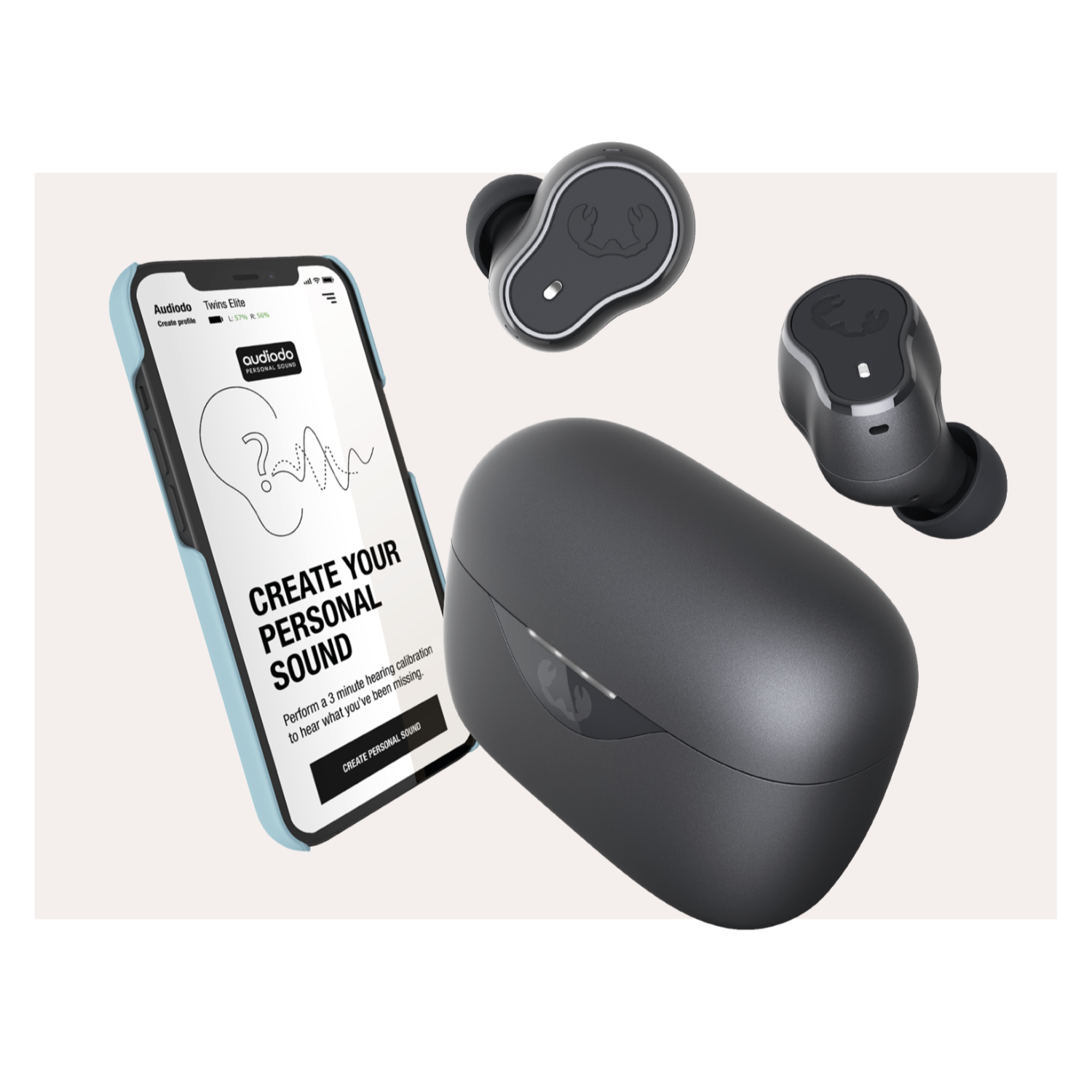 Multiple images of wireless earbuds, phone, and charging case. The phone screen says 'Create Your Personal Sound'.