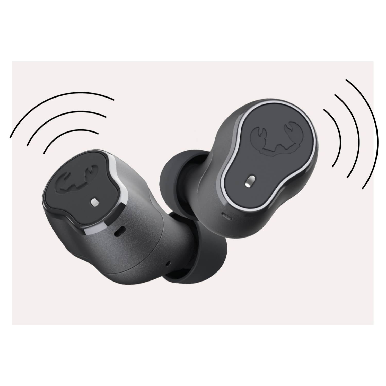 Two black earbuds with sound wave arcs. Earbuds have a logo.