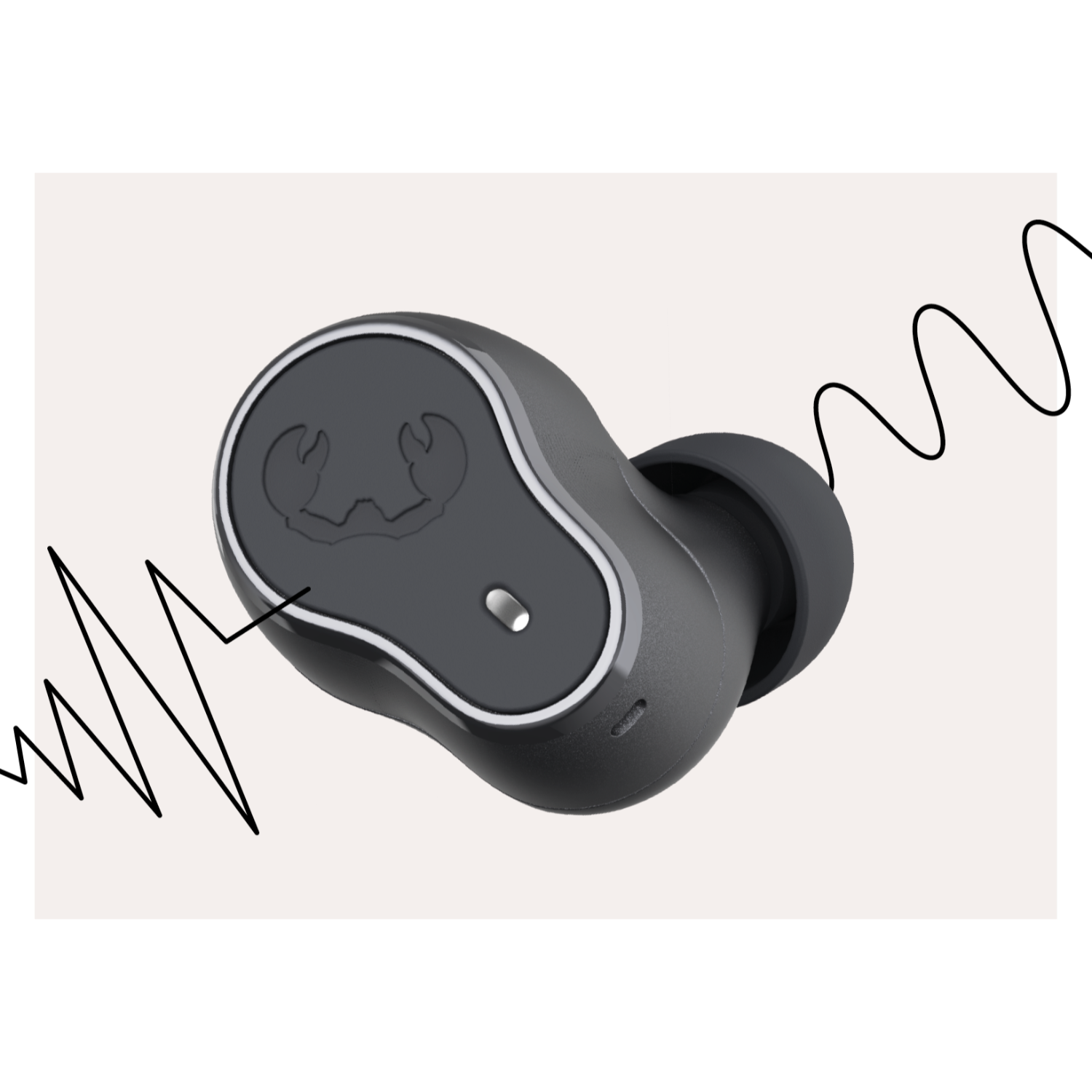 Gray earbud, black background with lines. Crab logo.