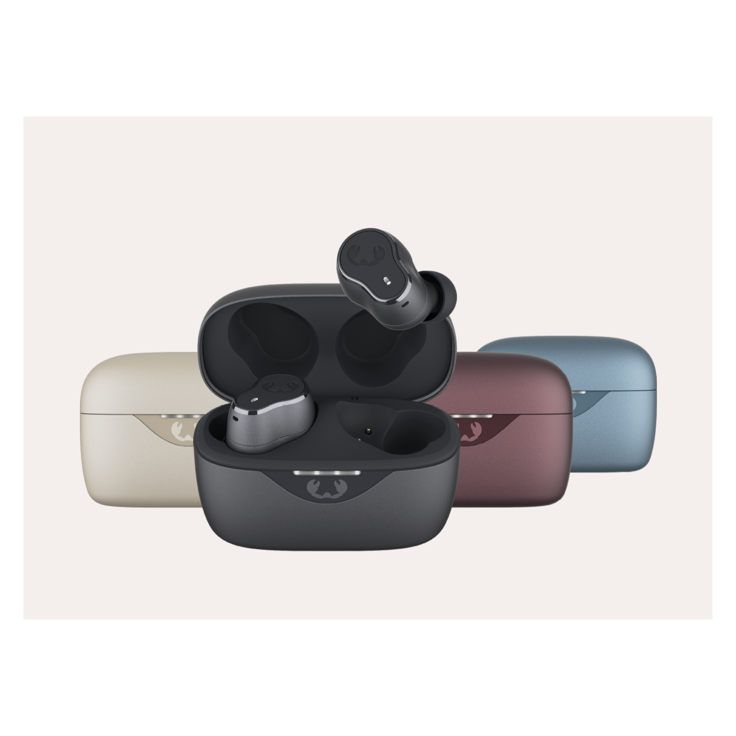 Earbuds in charging case. Case is dark gray, beige, maroon, and blue. White background.
