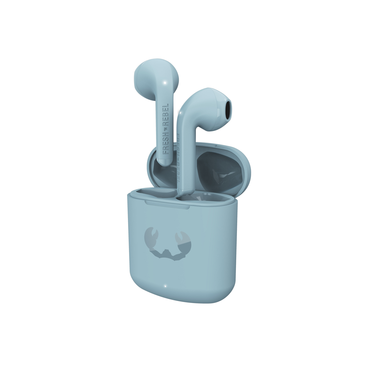 Auricolari wireless blu in una custodia di ricarica aperta. Gli auricolari hanno un logo visibile.