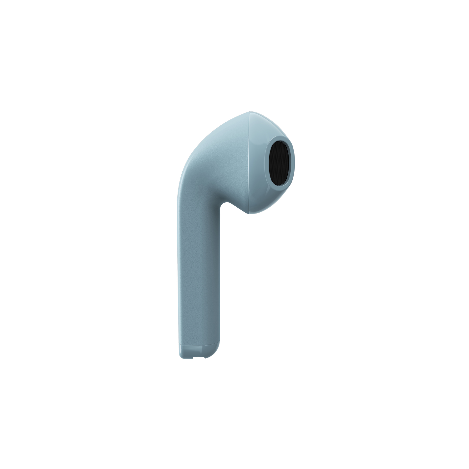Un auricolare wireless azzurro su sfondo bianco. L'auricolare ha uno stelo e un altoparlante.