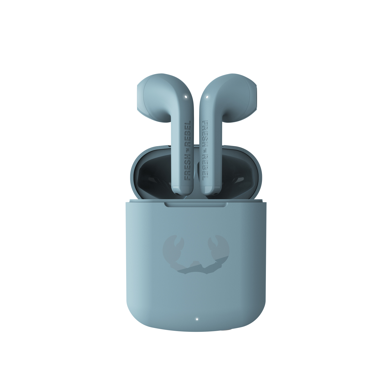 Auricolari wireless azzurri con custodia di ricarica, con testo del marchio sugli auricolari.