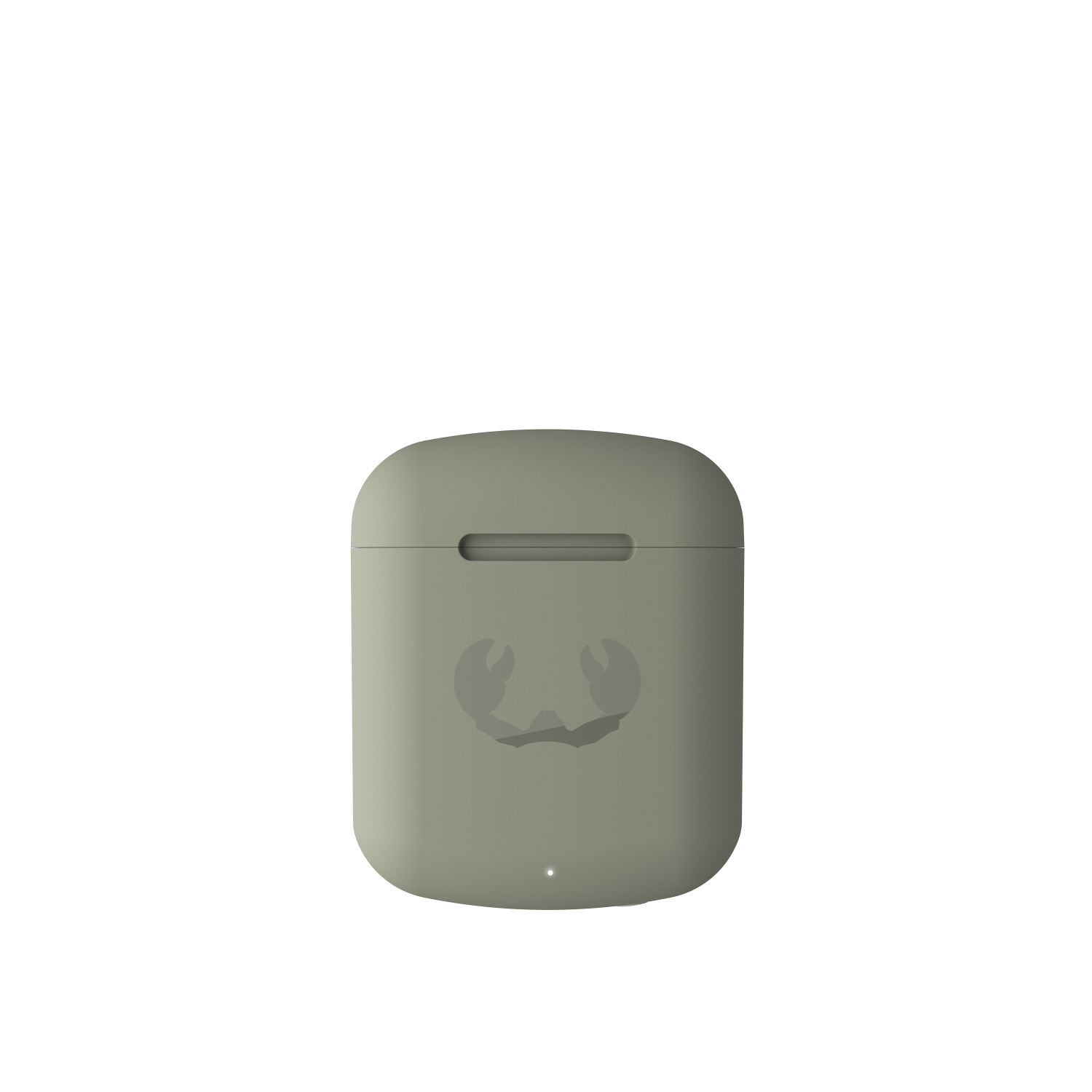 Olivgrünes AirPods-Case mit Krabbenlogo auf weißem Hintergrund.