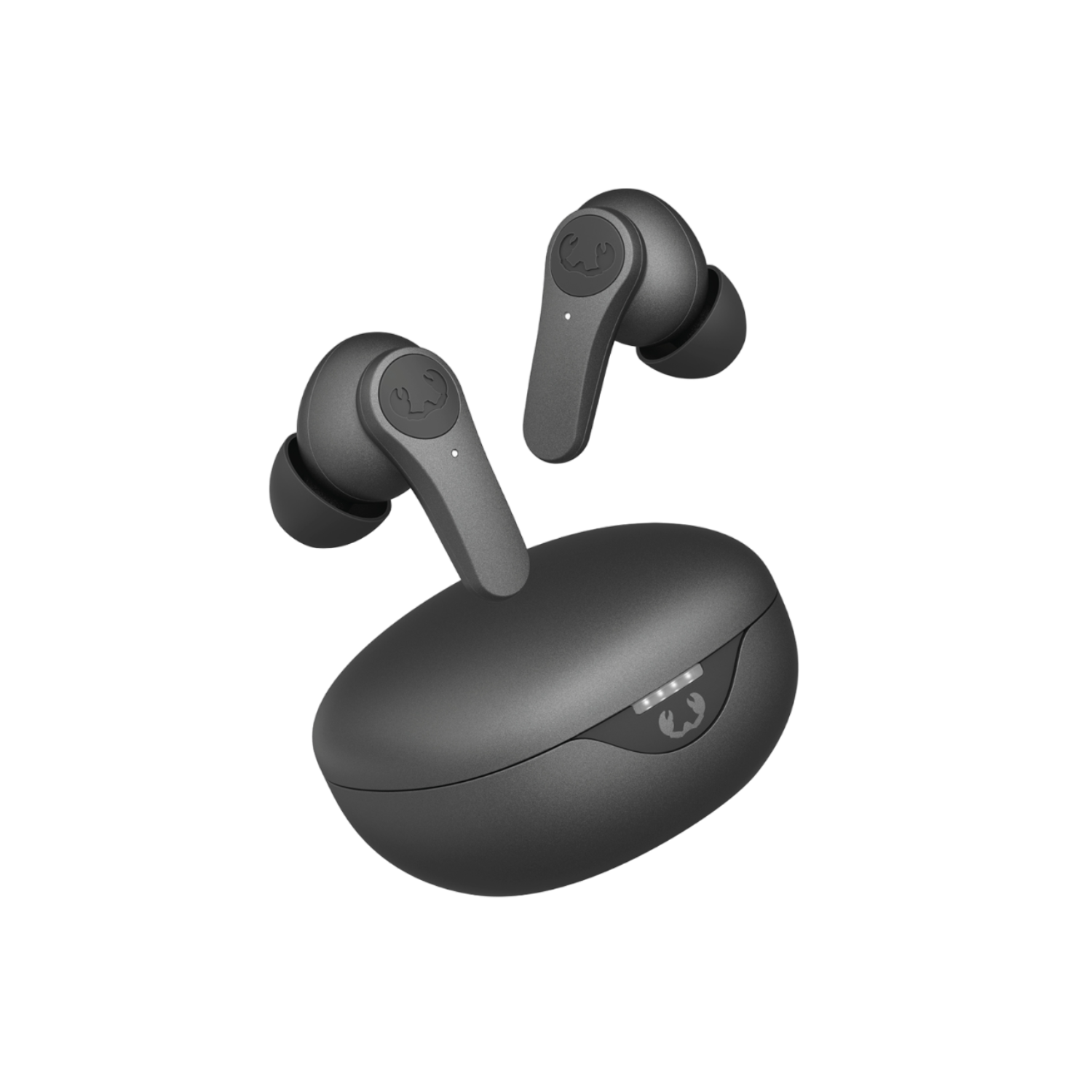 Szare bezprzewodowe słuchawki i etui ładujące na czarnym tle.